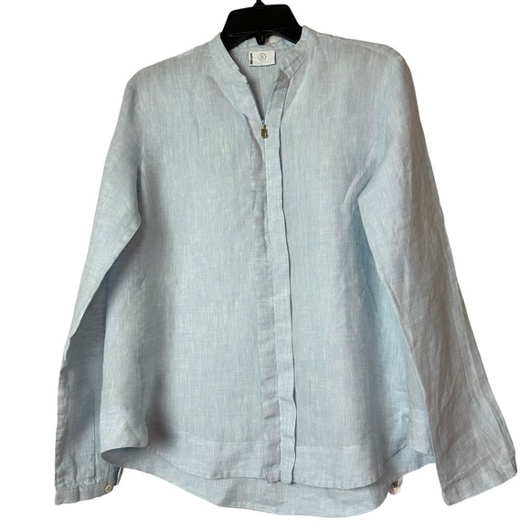 bogner womens 100 % linen blouse top Long Sleeve 1/2 Zip pullover blue size 8 - Picture 8 of 8